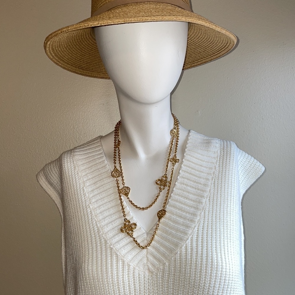 Vintage Gold Filigree Long Chain Necklace – Ornate Clover & Heart Motif, Layered